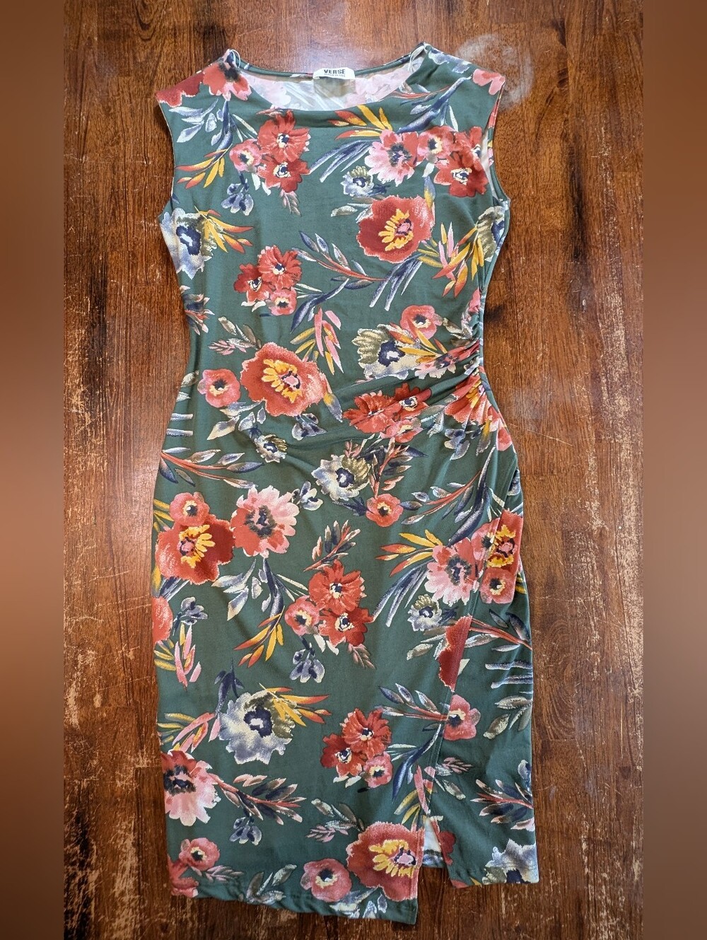Verse Vintage Floral Dress Womens Medium Green Bodycon Stretch Soft Retro